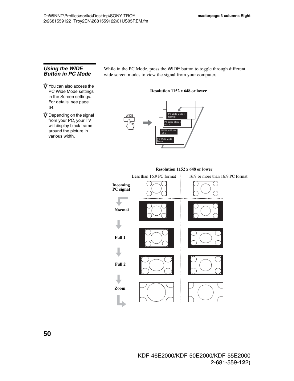 Using the wide button in pc mode | Sony KDF-50X30 User Manual | Page 50 / 90