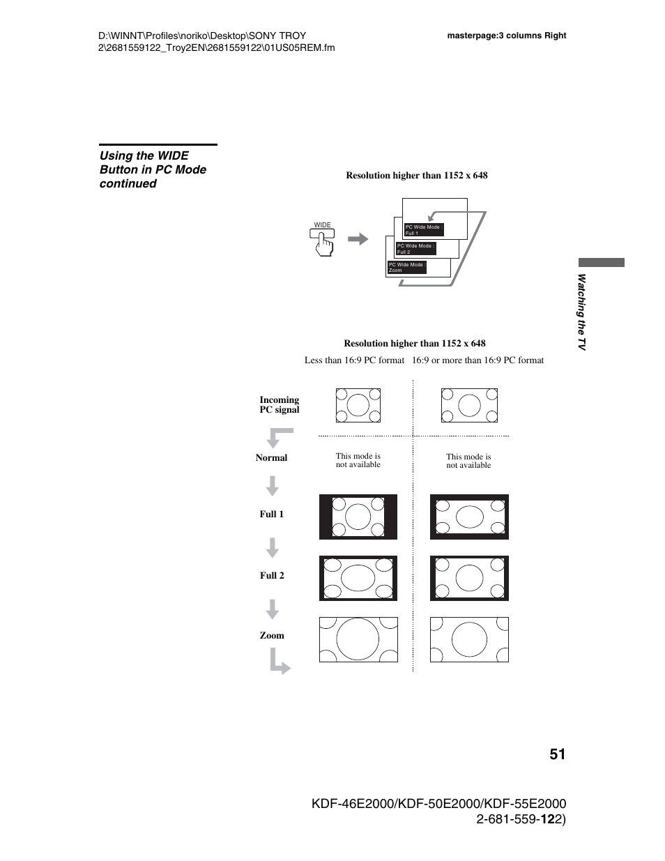 Using the wide button in pc mode continued | Sony KDF-50X30 User Manual | Page 51 / 90