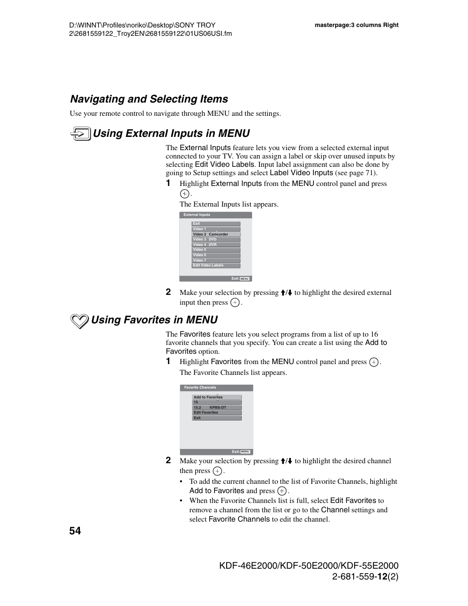 Navigating and selecting items, Using external inputs in menu, Using favorites in menu | Sony KDF-50X30 User Manual | Page 54 / 90