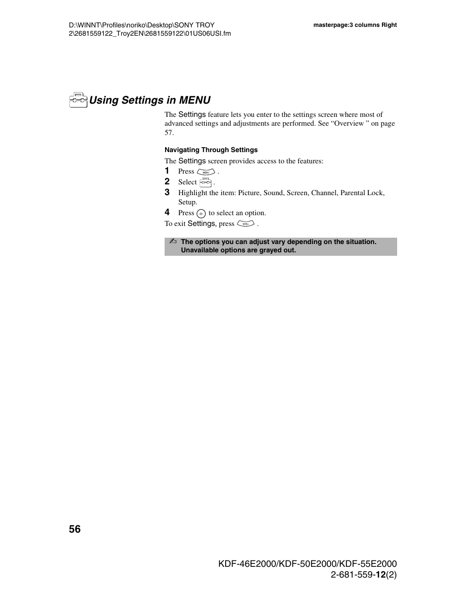 Using settings in menu | Sony KDF-50X30 User Manual | Page 56 / 90