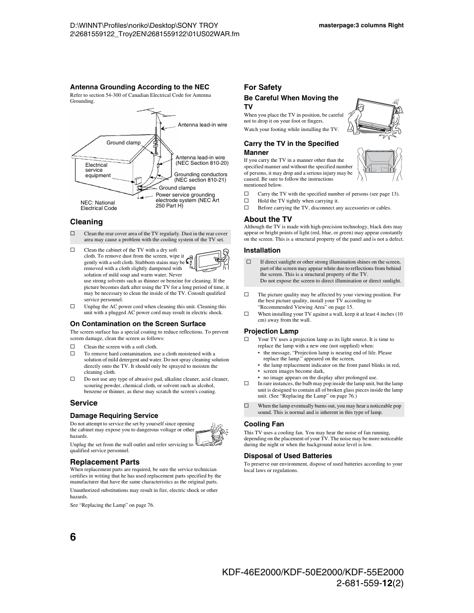 Cleaning, Service, Replacement parts | For safety, About the tv | Sony KDF-50X30 User Manual | Page 6 / 90