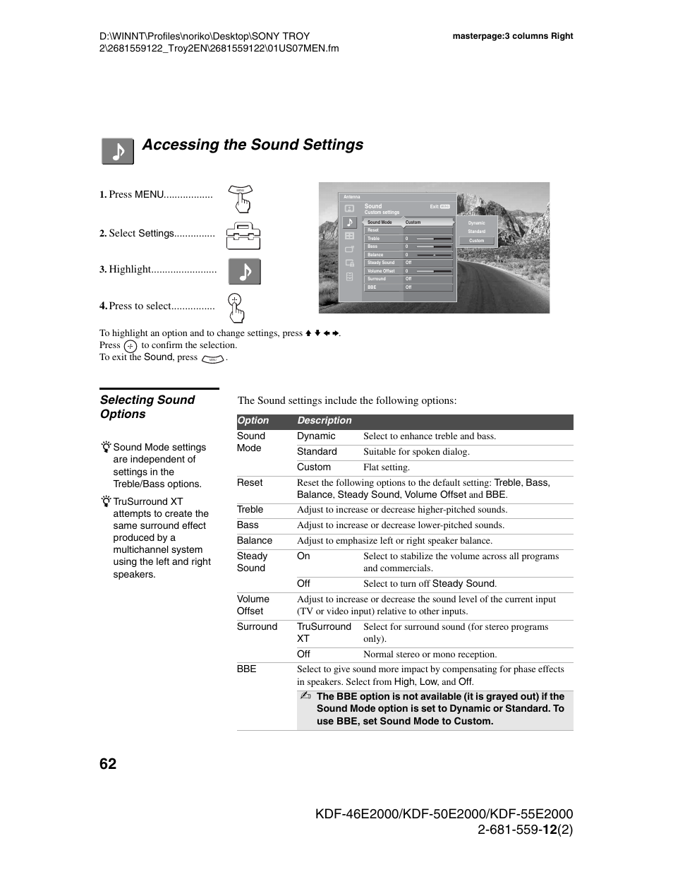 Accessing the sound settings, Selecting sound options | Sony KDF-50X30 User Manual | Page 62 / 90