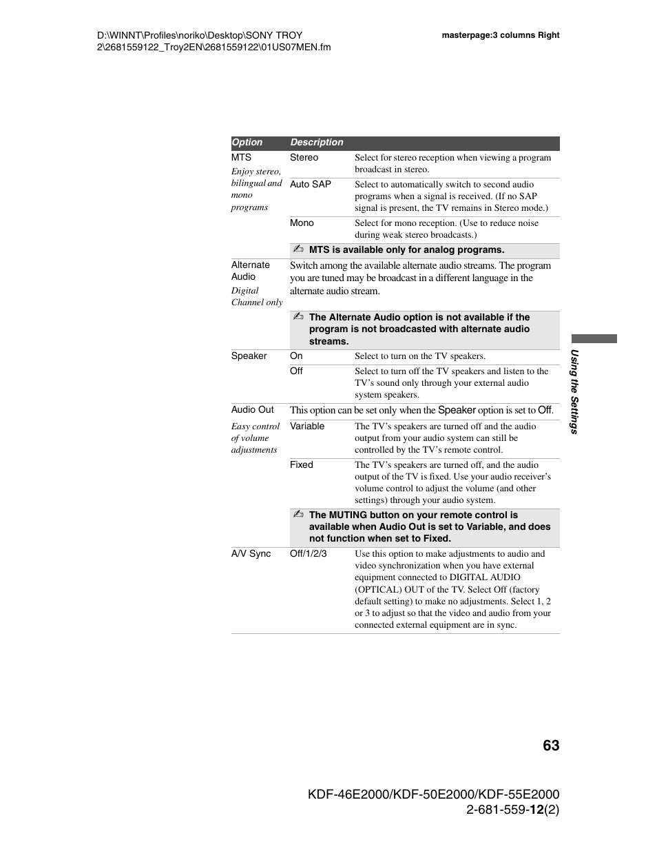 Sony KDF-50X30 User Manual | Page 63 / 90