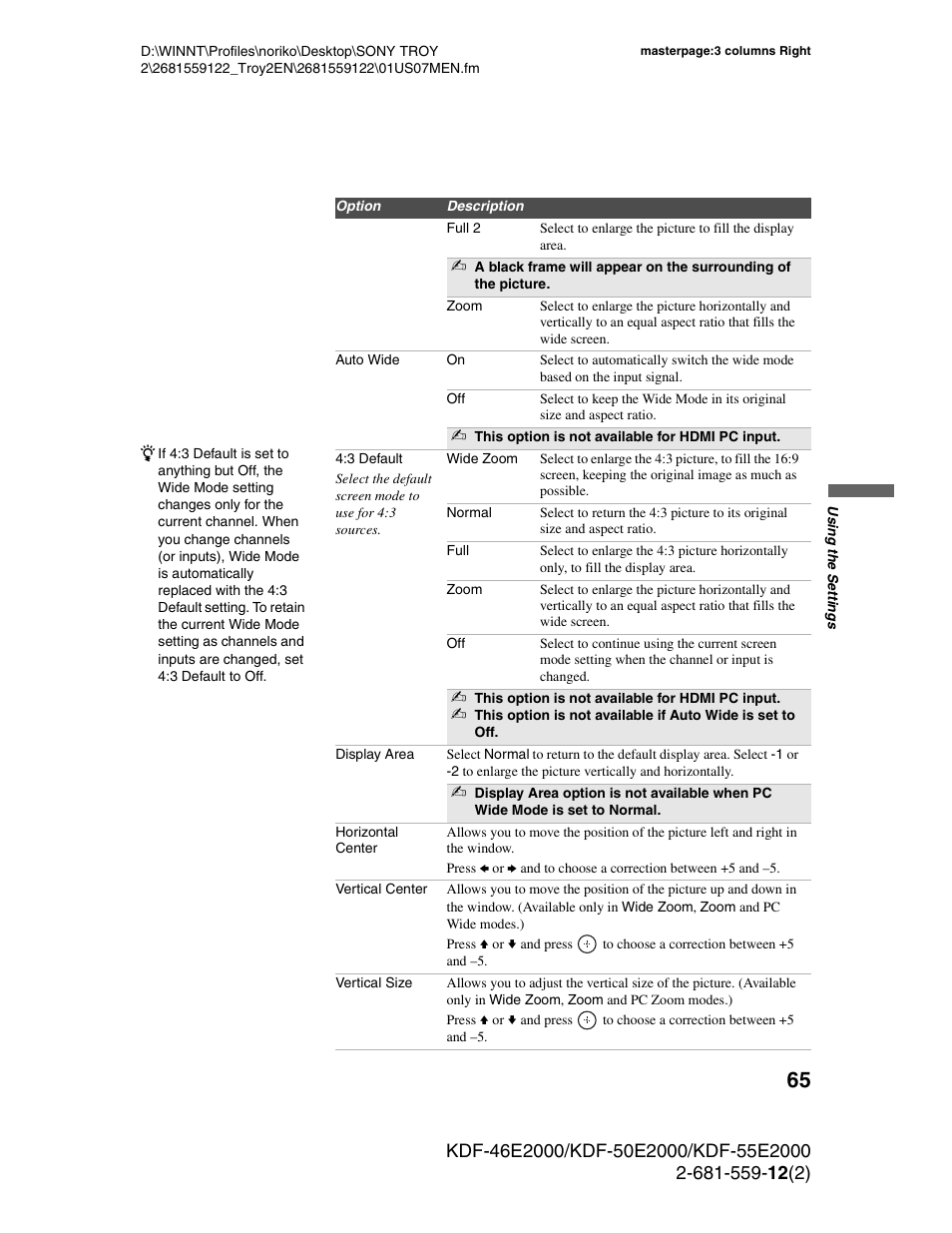 Sony KDF-50X30 User Manual | Page 65 / 90