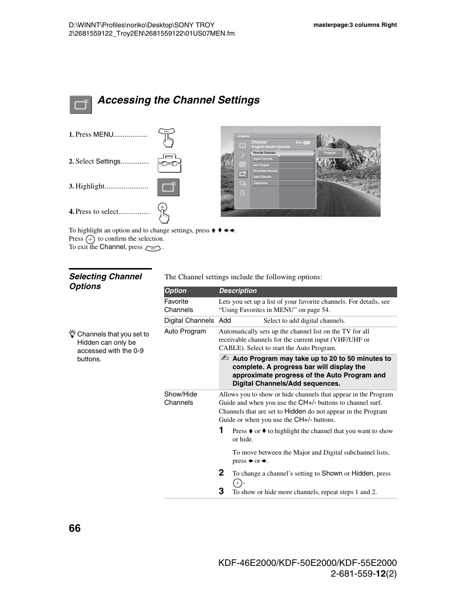 Accessing the channel settings, Selecting channel options | Sony KDF-50X30 User Manual | Page 66 / 90