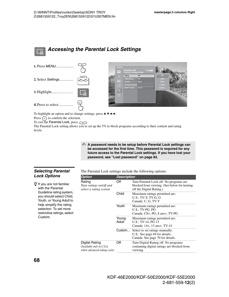 Accessing the parental lock settings, Selecting parental lock options | Sony KDF-50X30 User Manual | Page 68 / 90