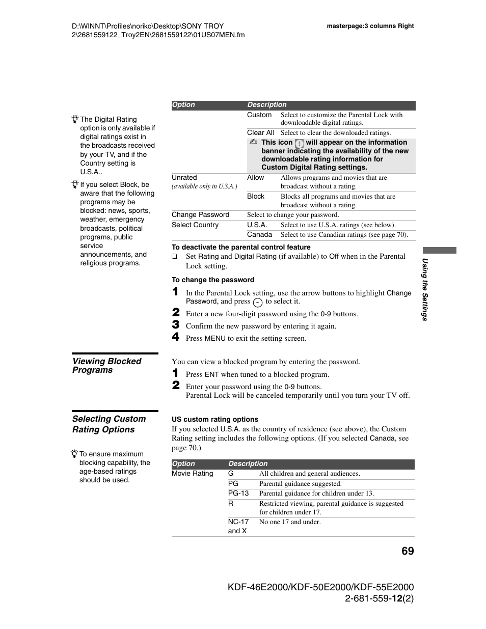 Viewing blocked programs, Selecting custom rating options | Sony KDF-50X30 User Manual | Page 69 / 90