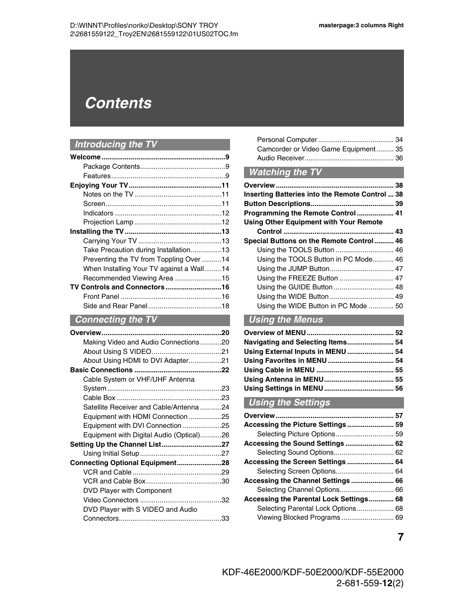 Sony KDF-50X30 User Manual | Page 7 / 90