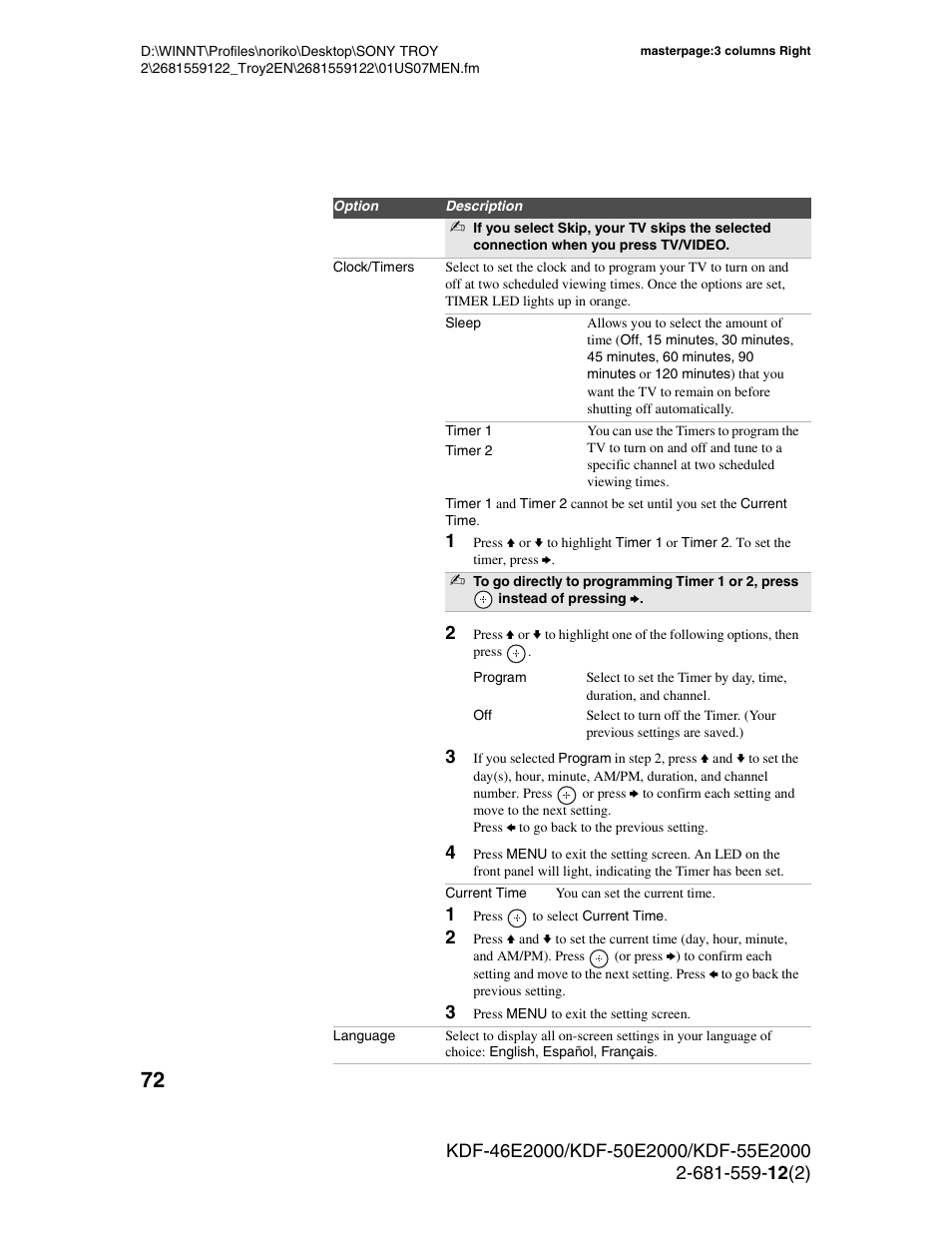 Sony KDF-50X30 User Manual | Page 72 / 90
