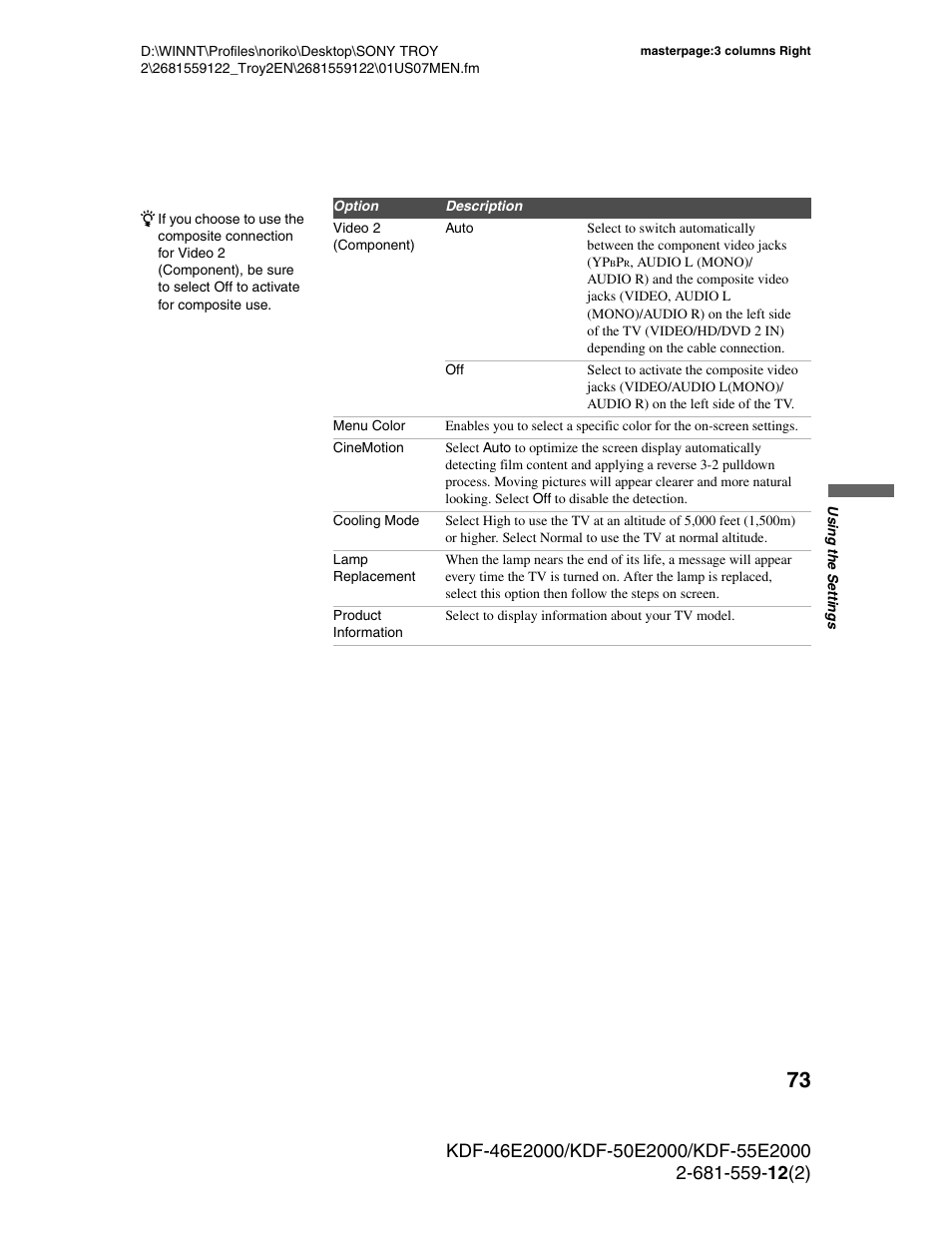 Sony KDF-50X30 User Manual | Page 73 / 90