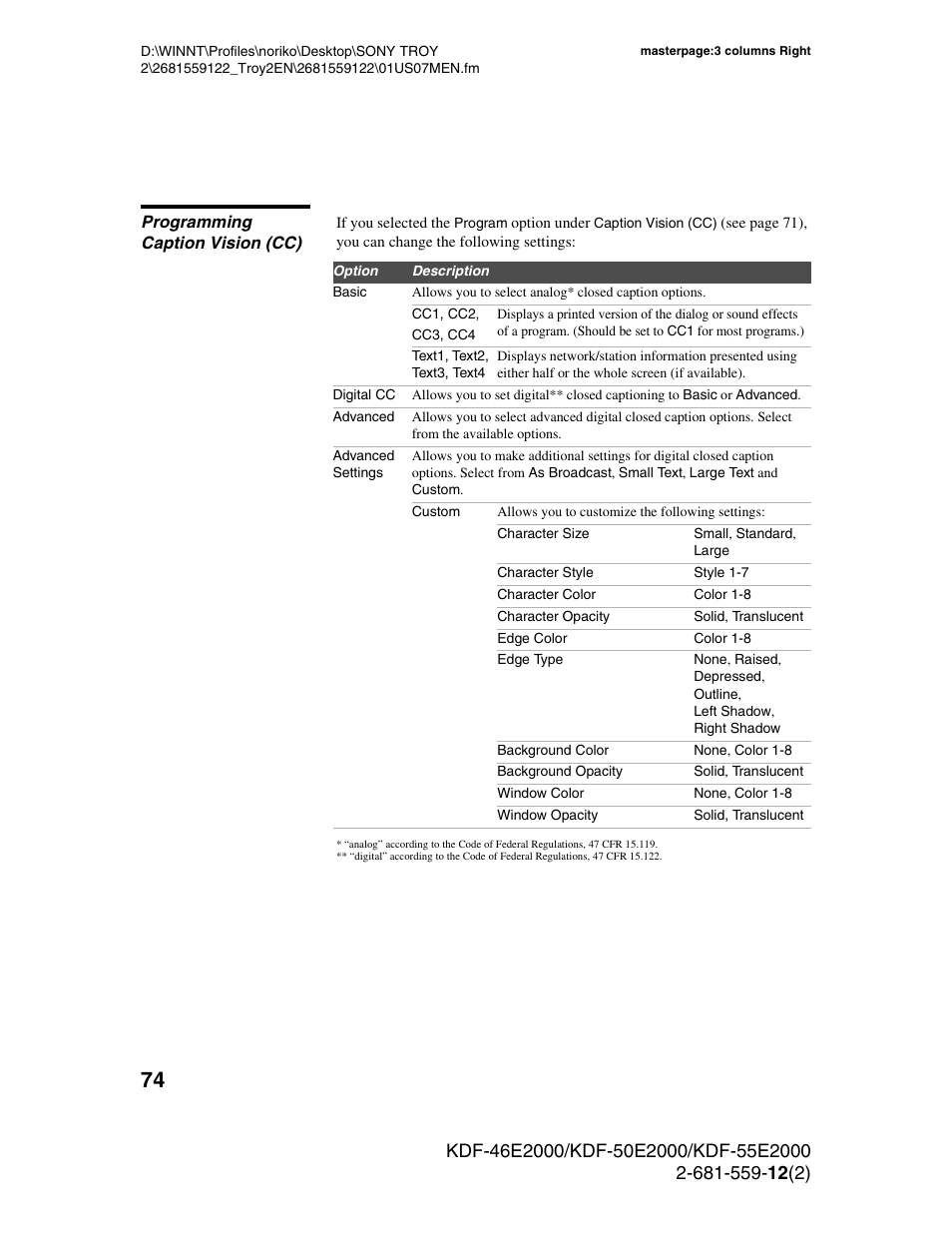 Programming caption vision (cc) | Sony KDF-50X30 User Manual | Page 74 / 90