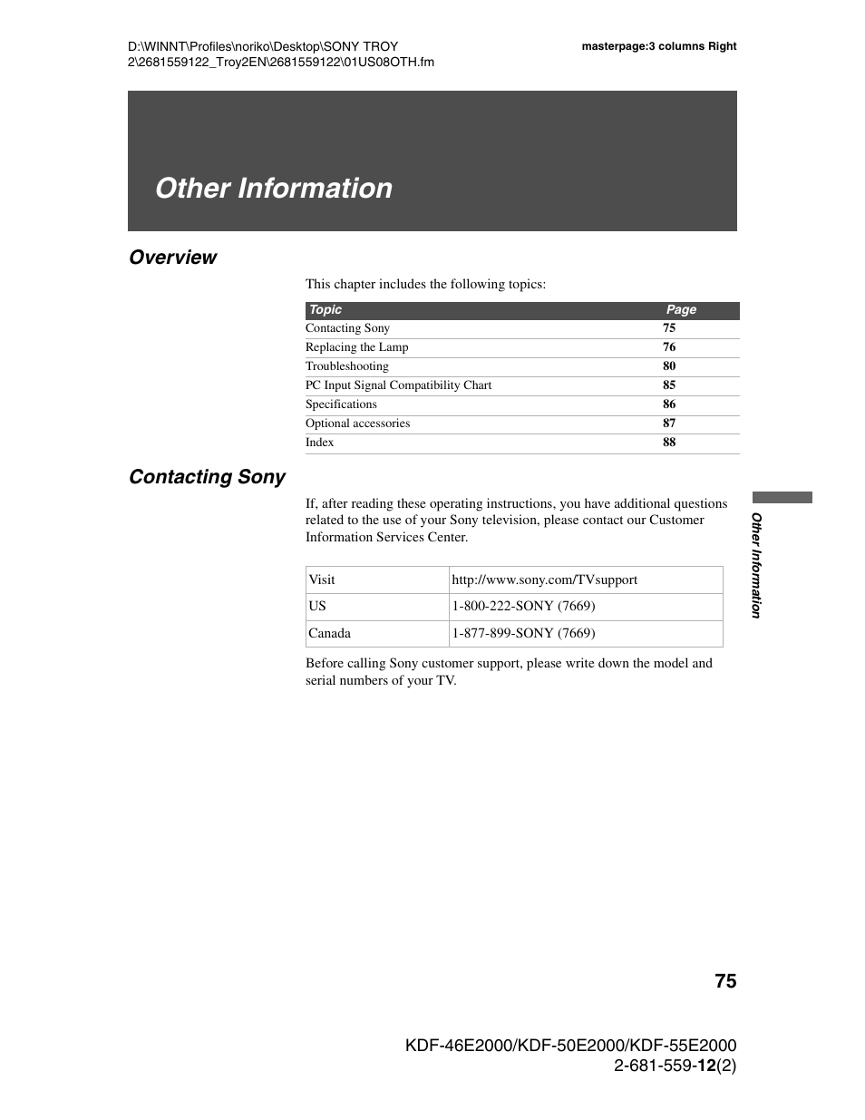 Other information, Overview, Contacting sony | Overview contacting sony | Sony KDF-50X30 User Manual | Page 75 / 90