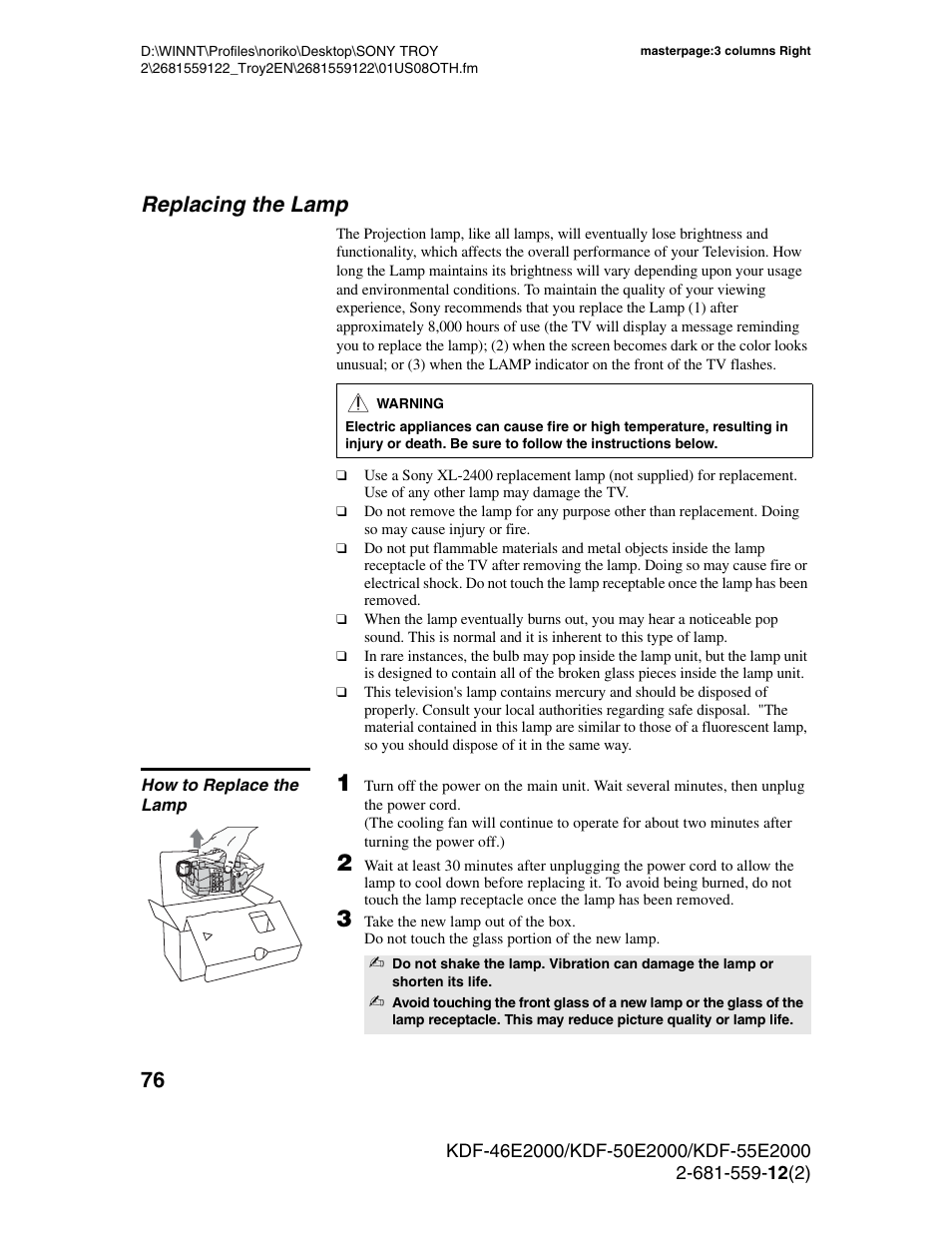 Replacing the lamp, How to replace the lamp | Sony KDF-50X30 User Manual | Page 76 / 90