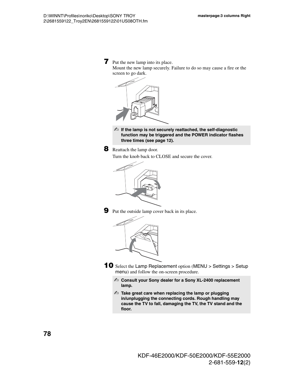 Sony KDF-50X30 User Manual | Page 78 / 90