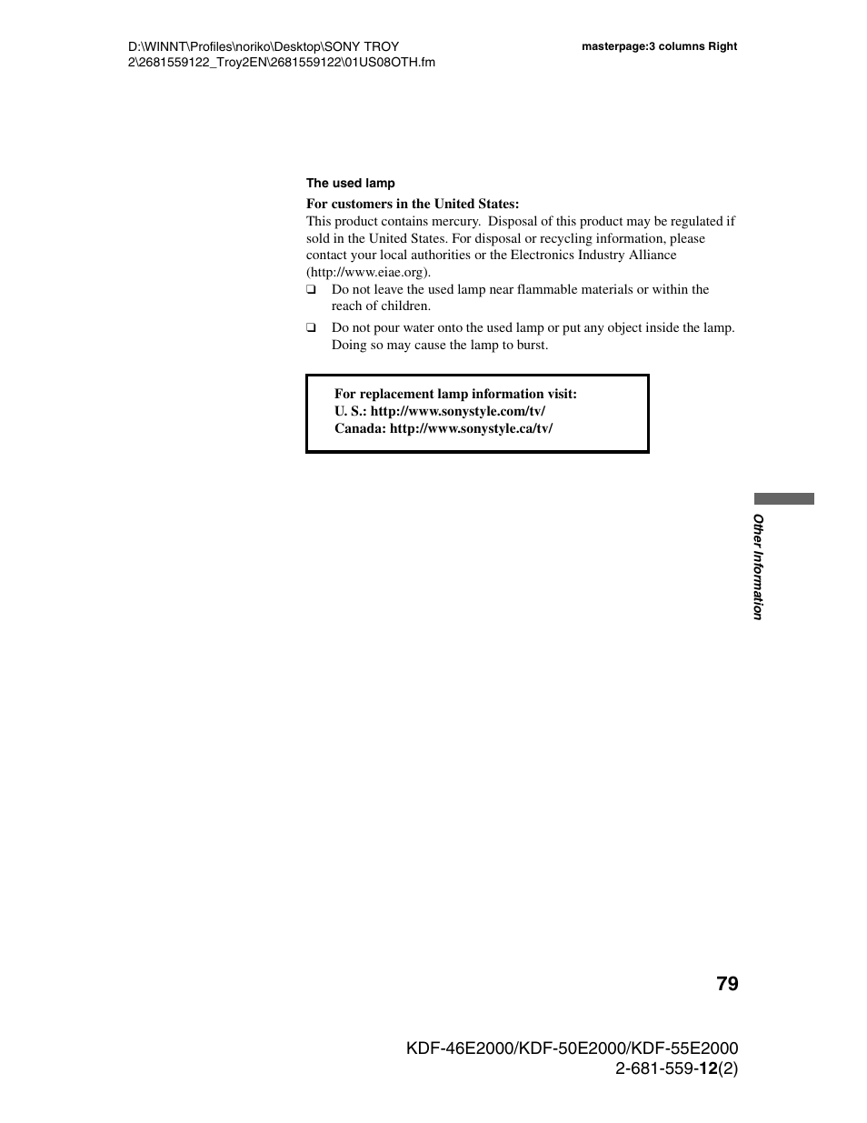 Sony KDF-50X30 User Manual | Page 79 / 90