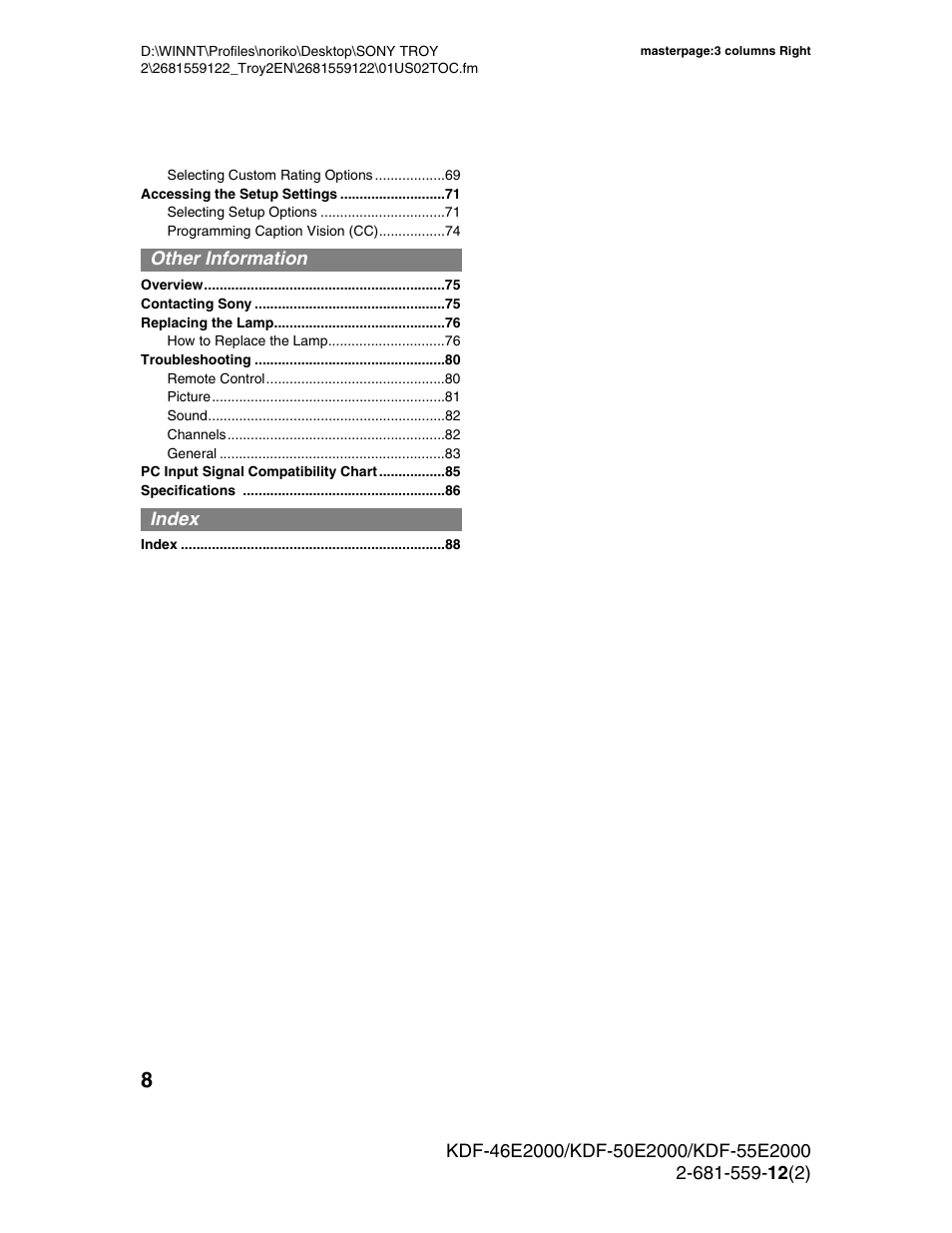 Sony KDF-50X30 User Manual | Page 8 / 90