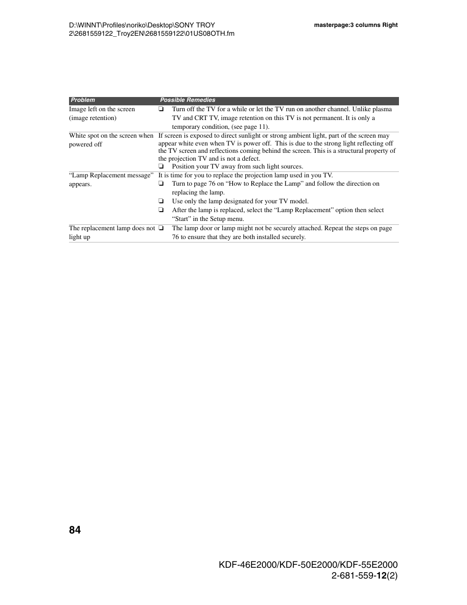Sony KDF-50X30 User Manual | Page 84 / 90