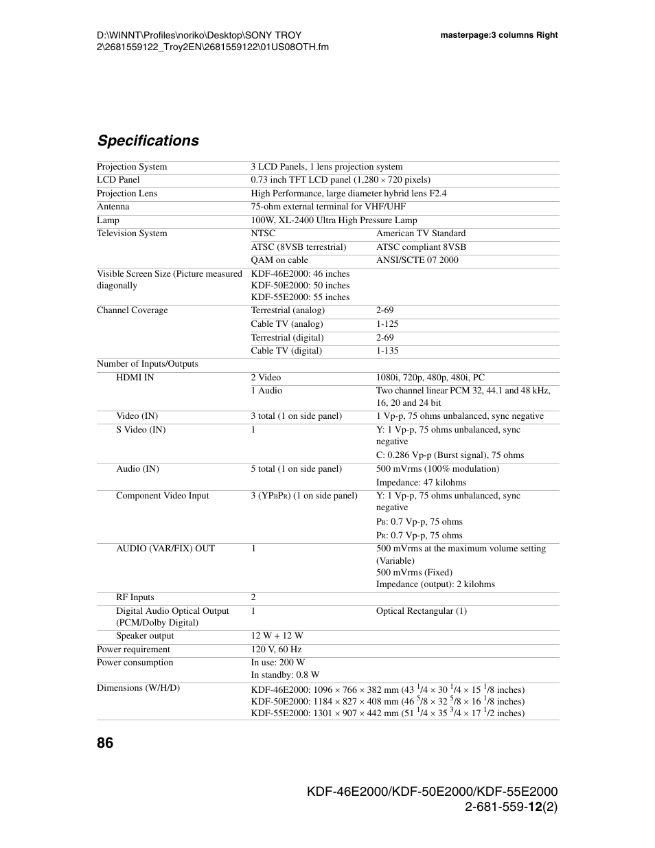 Specifications | Sony KDF-50X30 User Manual | Page 86 / 90