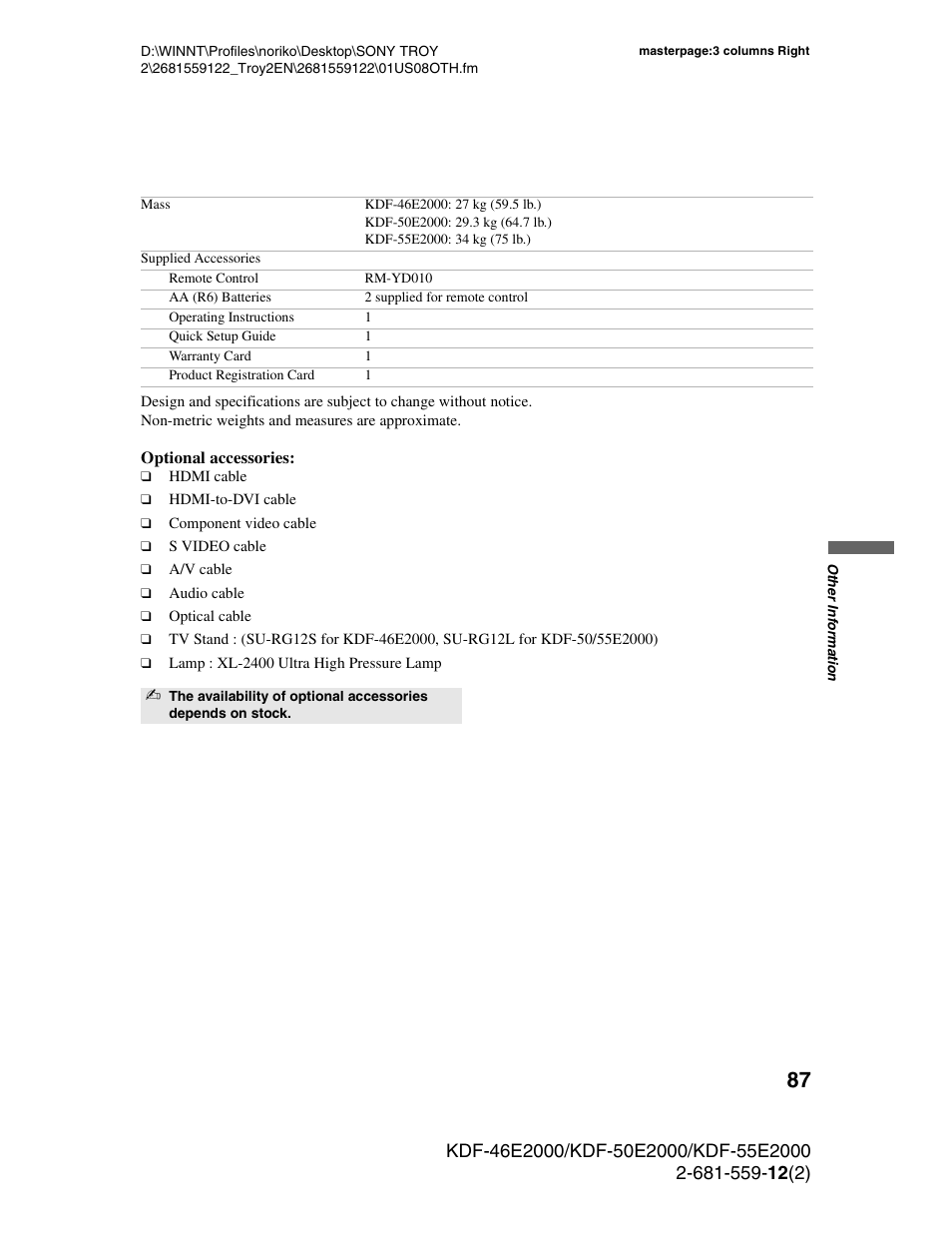 Sony KDF-50X30 User Manual | Page 87 / 90