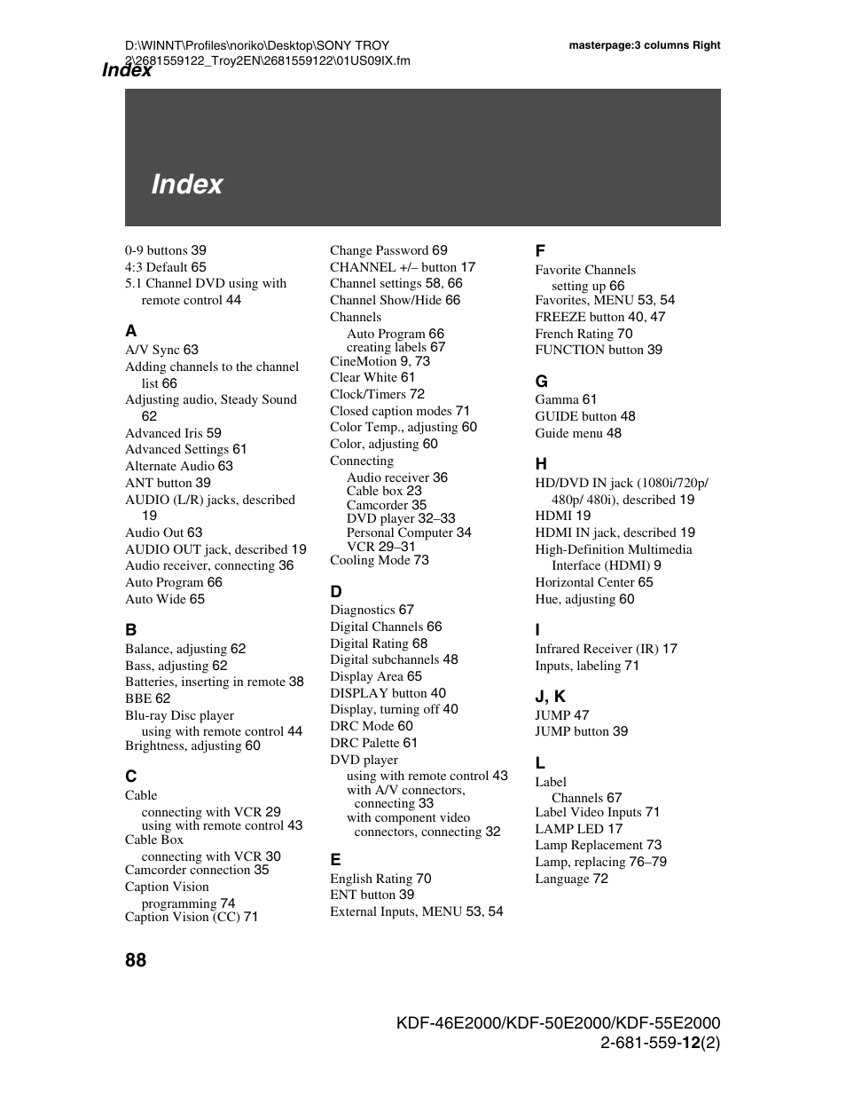Index | Sony KDF-50X30 User Manual | Page 88 / 90