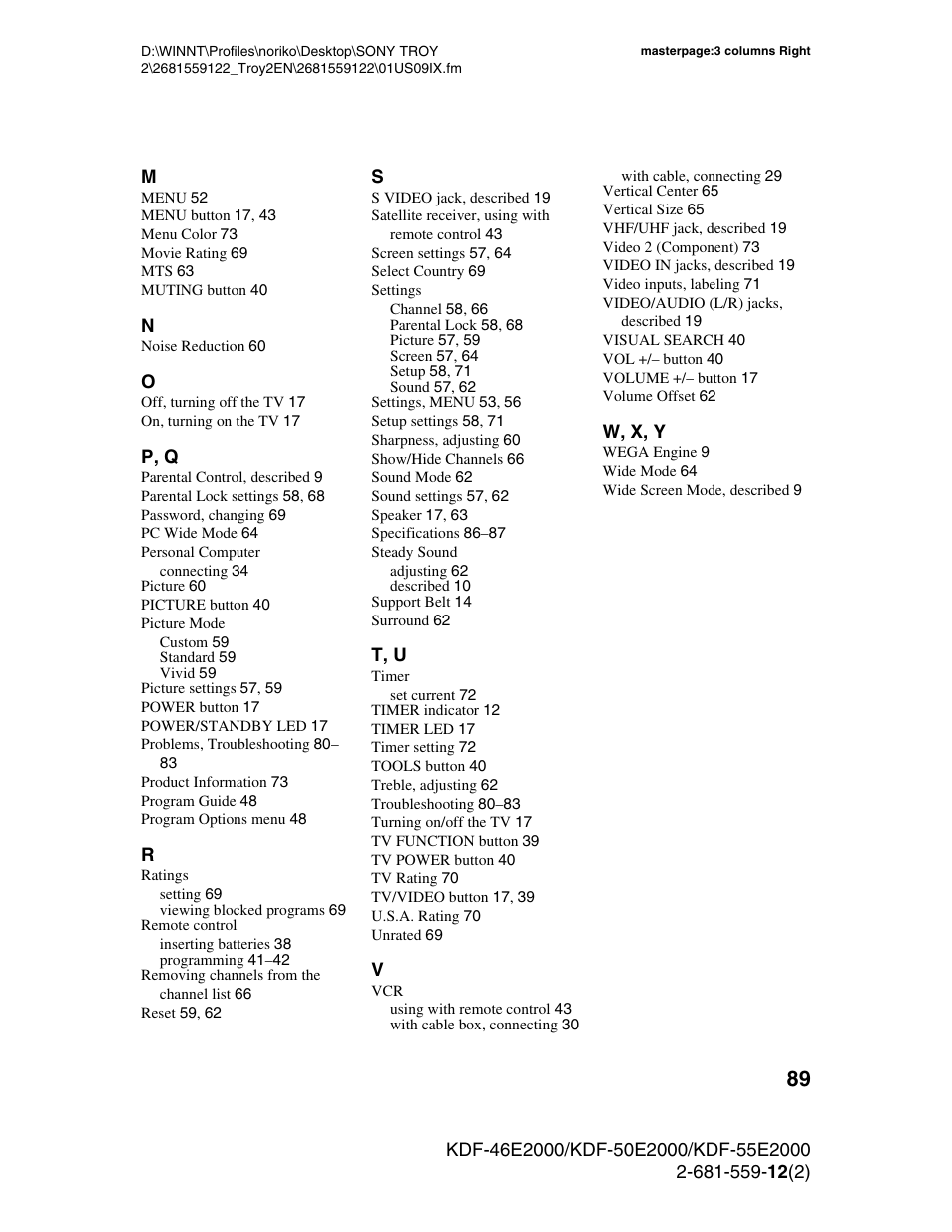 Sony KDF-50X30 User Manual | Page 89 / 90