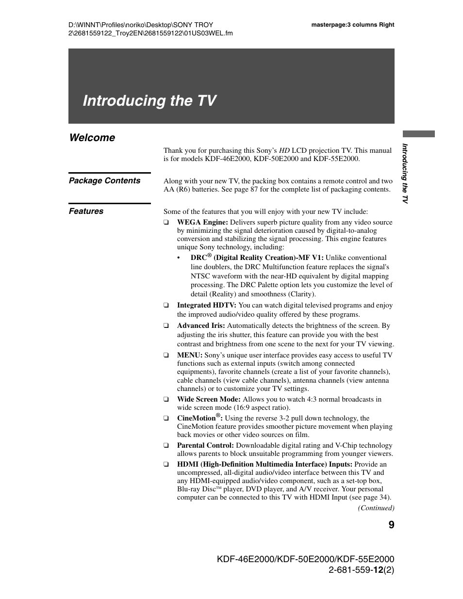 Introducing the tv, Welcome, Package contents | Features, Package contents features | Sony KDF-50X30 User Manual | Page 9 / 90