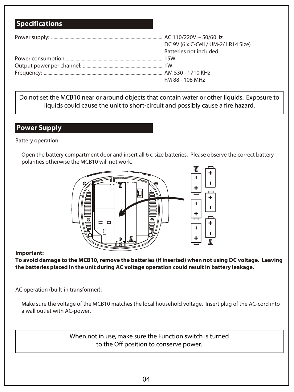Specifications power supply | AUVI Technologies MCB10 User Manual | Page 5 / 9