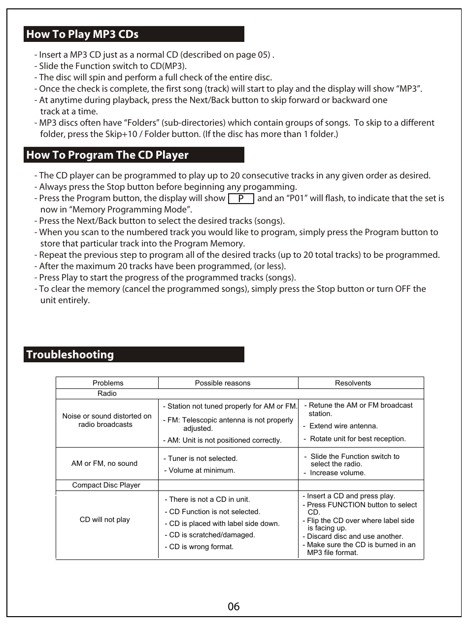 How to play mp3 cds, How to program the cd player, Troubleshooting 06 | AUVI Technologies MCB10 User Manual | Page 7 / 9