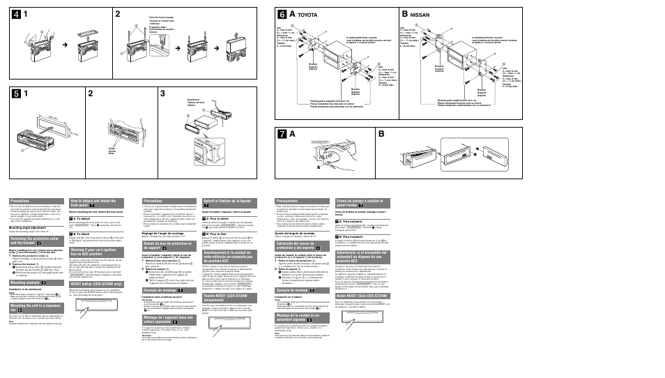 Toyota, Nissan, Précautions | Retrait du tour de protection et du support, Exemple de montage, Montage de l’appareil dans une voiture japonaise, How to detach and attach the front panel, Warning if your car’s ignition has no acc position, Reset button (cdx-gt34w only), Retrait et fixation de la façade | Sony CDX-GT24W User Manual | Page 2 / 2