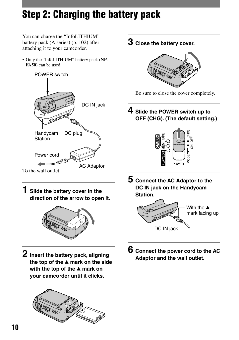 Step 2: charging the battery pack | Sony DCR-PC55 User Manual | Page 10 / 115