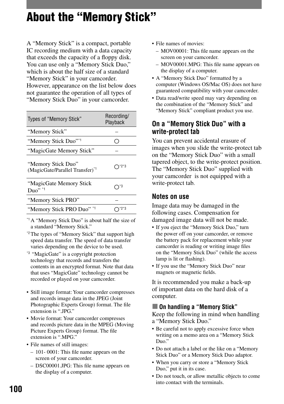 About the “memory stick | Sony DCR-PC55 User Manual | Page 100 / 115