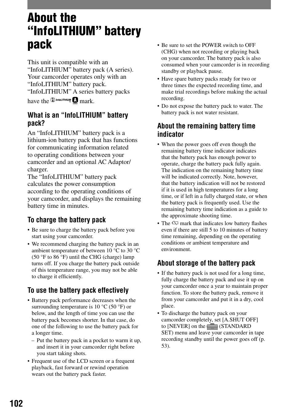 About the “infolithium” battery pack | Sony DCR-PC55 User Manual | Page 102 / 115