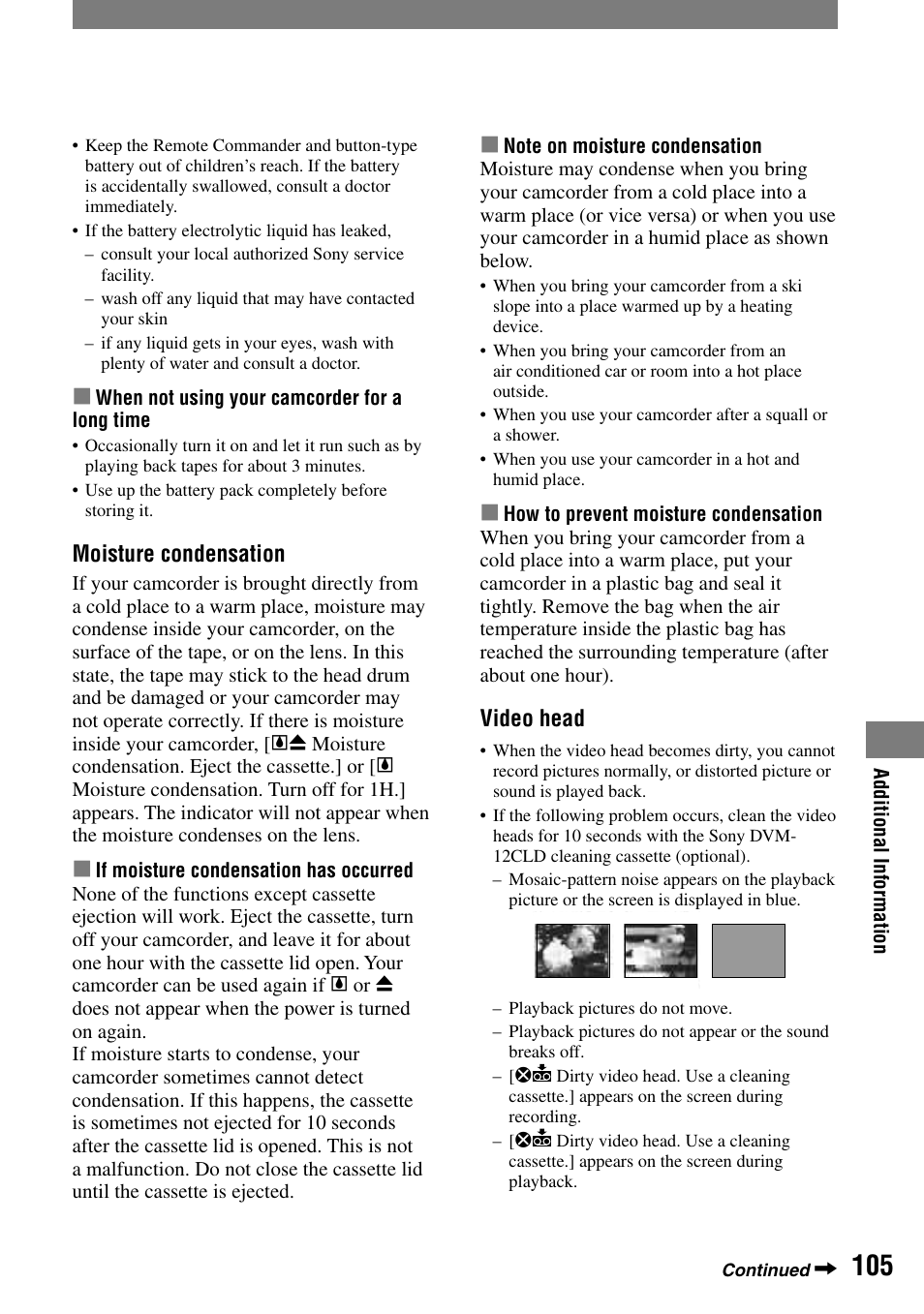 Moisture condensation, Video head | Sony DCR-PC55 User Manual | Page 105 / 115