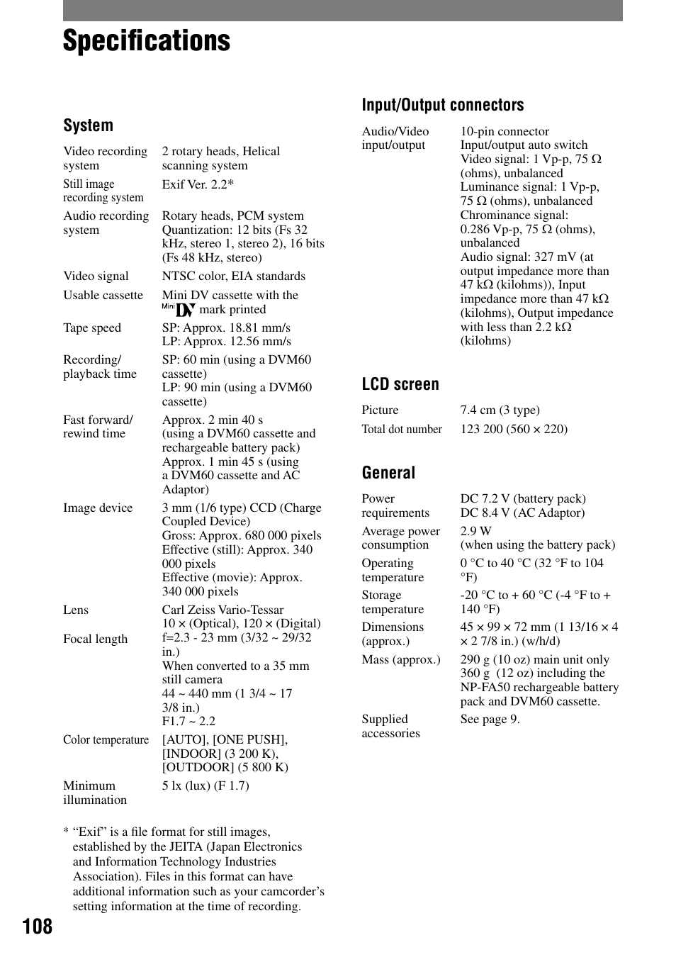 Specifications, Speciﬁcations, System | Input/output connectors, Lcd screen, General | Sony DCR-PC55 User Manual | Page 108 / 115