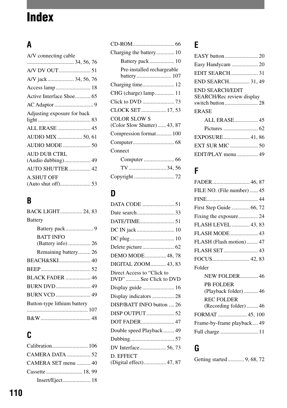 Index | Sony DCR-PC55 User Manual | Page 110 / 115