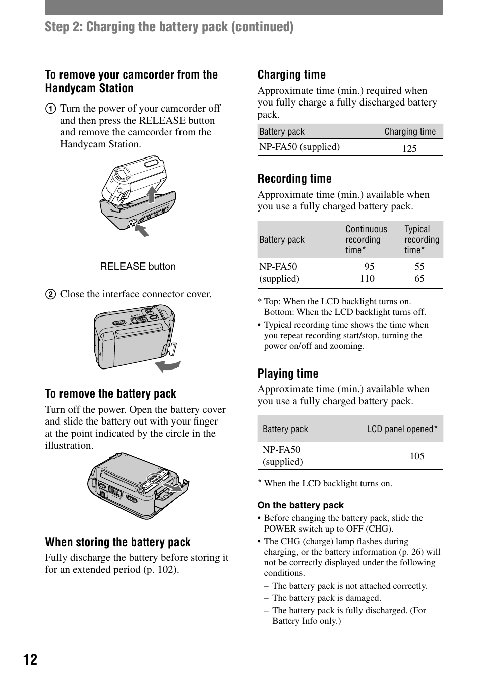 Step 2: charging the battery pack (continued) | Sony DCR-PC55 User Manual | Page 12 / 115