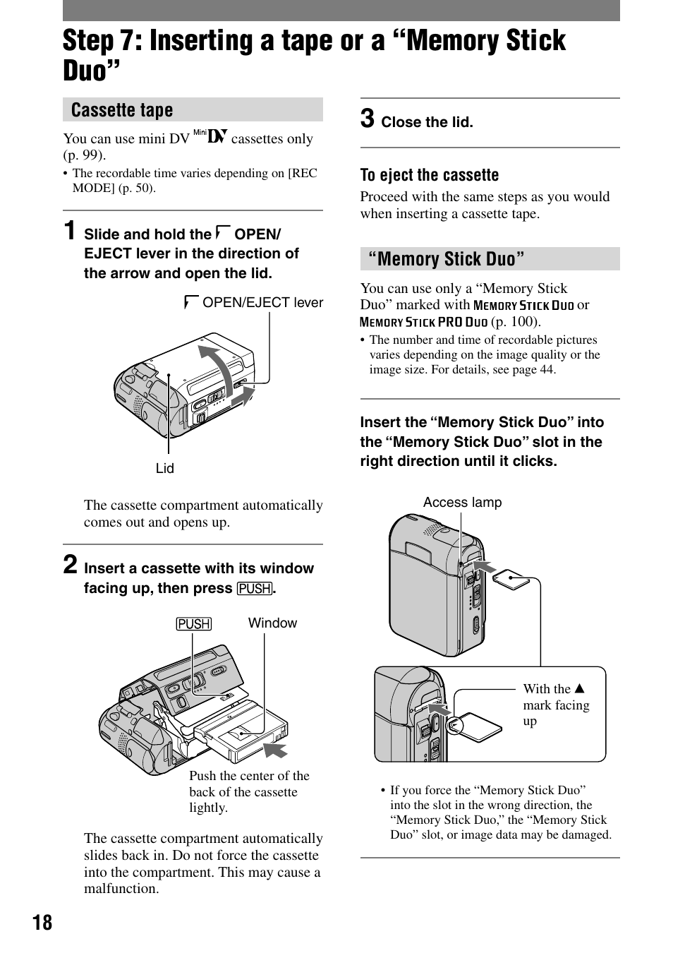 Step 7: inserting a tape or a “memory stick duo, Cassette tape | Sony DCR-PC55 User Manual | Page 18 / 115