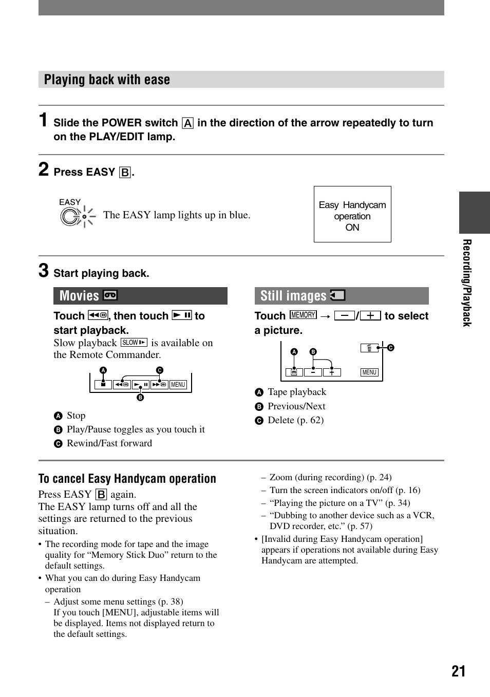 Playing back with ease, Movies, Still images | Sony DCR-PC55 User Manual | Page 21 / 115