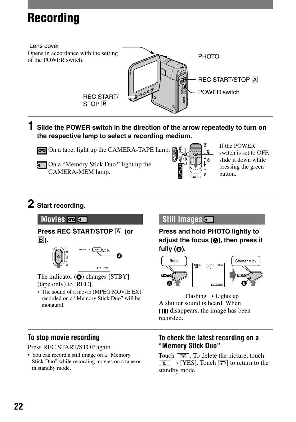 Recording, Movies, Still images | Sony DCR-PC55 User Manual | Page 22 / 115