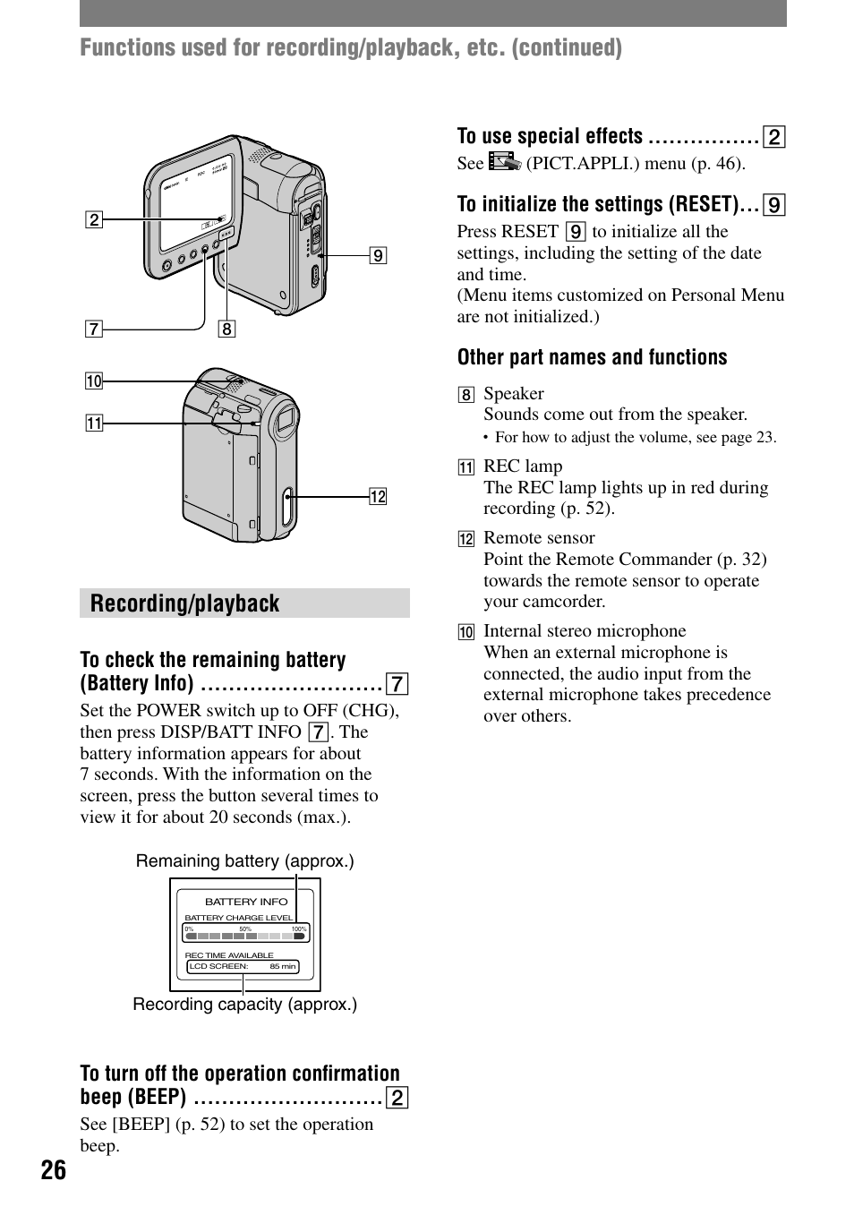 Recording/playback, To check the remaining battery (battery info), To turn off the operation confirmation beep (beep) | To use special effects, To initialize the settings (reset), Other part names and functions | Sony DCR-PC55 User Manual | Page 26 / 115