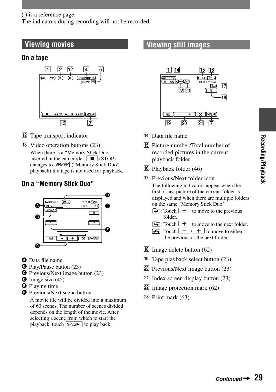 Viewing movies, Viewing still images, On a tape | Sony DCR-PC55 User Manual | Page 29 / 115