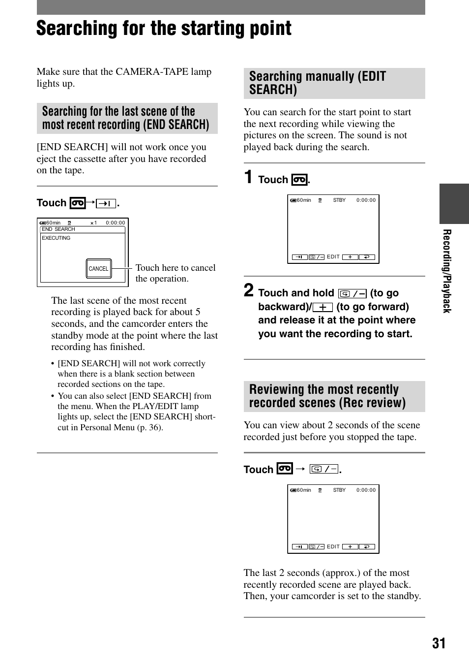 Searching for the starting point, Searching manually (edit search) | Sony DCR-PC55 User Manual | Page 31 / 115