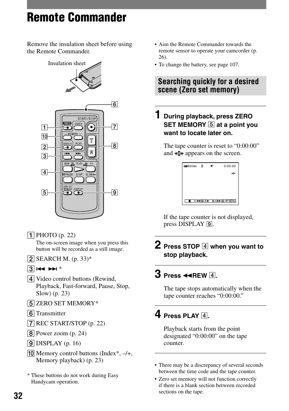 Remote commander | Sony DCR-PC55 User Manual | Page 32 / 115