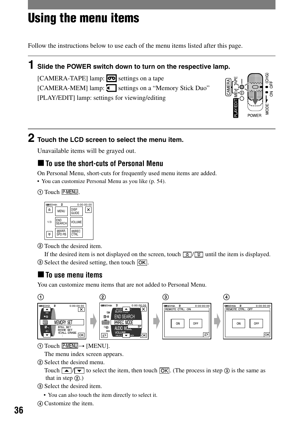 Using the menu, Using the menu items | Sony DCR-PC55 User Manual | Page 36 / 115