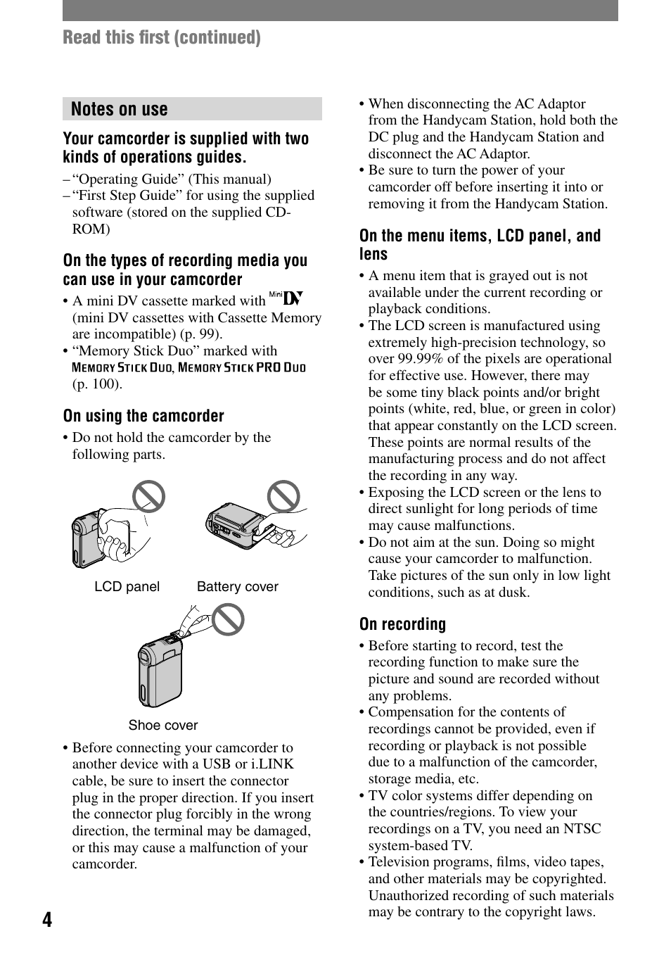 Read this ﬁrst (continued) | Sony DCR-PC55 User Manual | Page 4 / 115