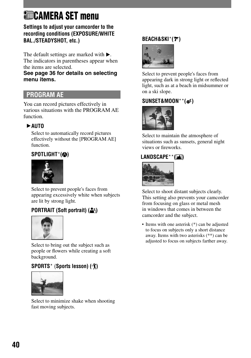 Camera set menu | Sony DCR-PC55 User Manual | Page 40 / 115