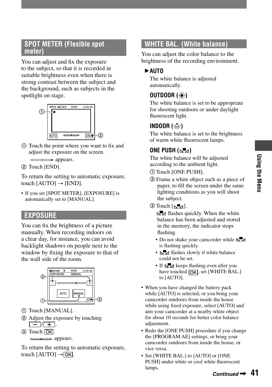 Spot meter (flexible spot meter), Exposure, White bal. (white balance) | Sony DCR-PC55 User Manual | Page 41 / 115