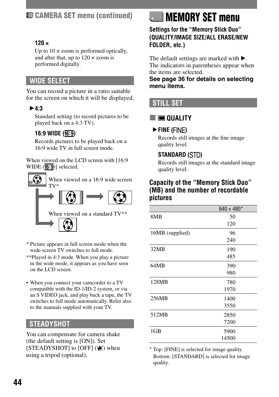 Memory set menu, Camera set menu (continued), Wide select | Steadyshot, Still set | Sony DCR-PC55 User Manual | Page 44 / 115