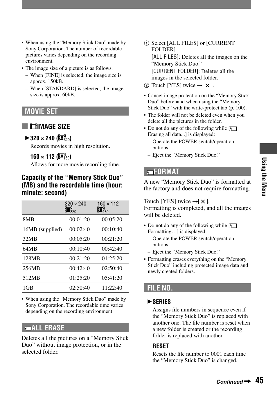 Movie set, All erase, Format | File no, Image size | Sony DCR-PC55 User Manual | Page 45 / 115