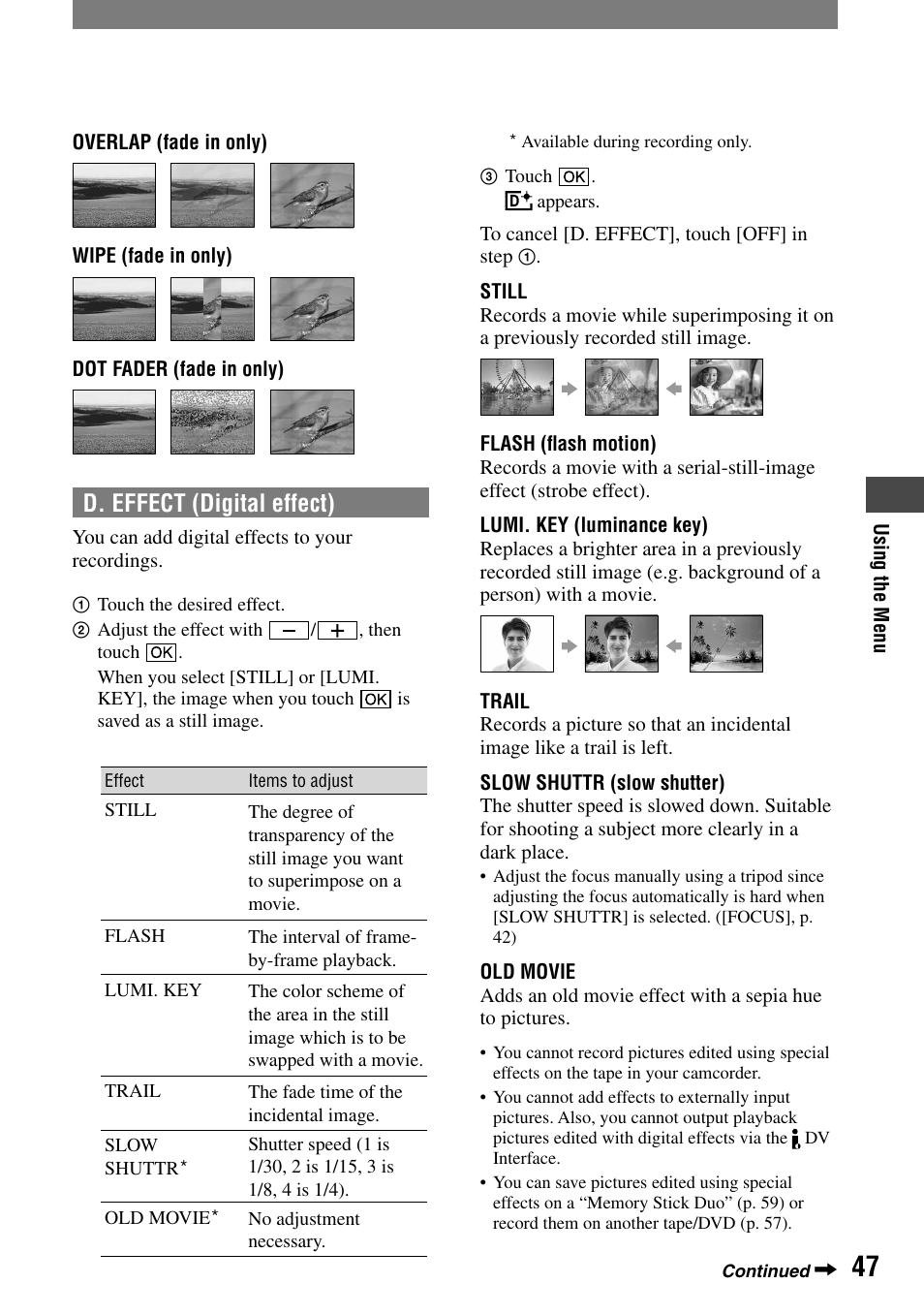 D. effect (digital effect) | Sony DCR-PC55 User Manual | Page 47 / 115